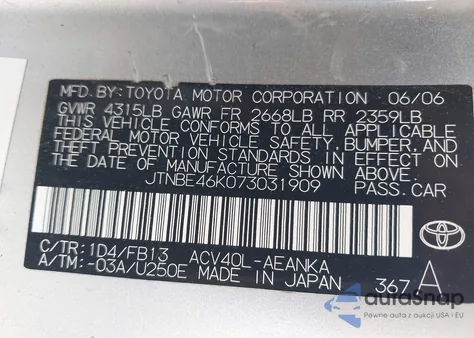 2007 Toyota Camry Le from USA, damaged, VIN JTNBE46K073031909